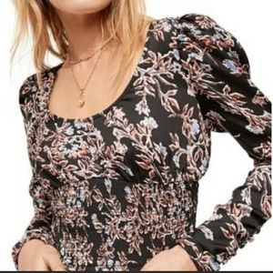 Free People Black and Blue Floral Blouse Santiago Smocked